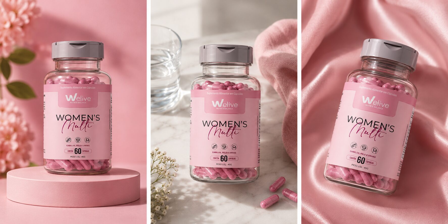 Women's Multi We Live suplemento alimentar para cabelos pele e unhas com 60 cápsulas.