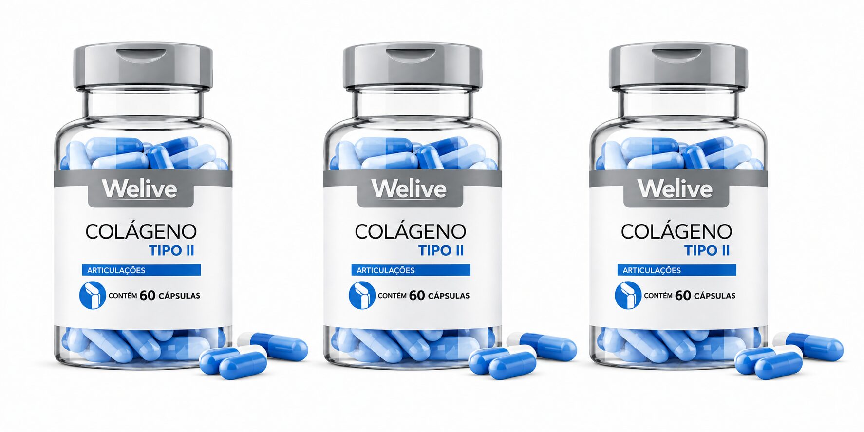 Frasco do Colágeno Tipo 2 We Live Suplementos para cuidados com articulações e mobilidade.