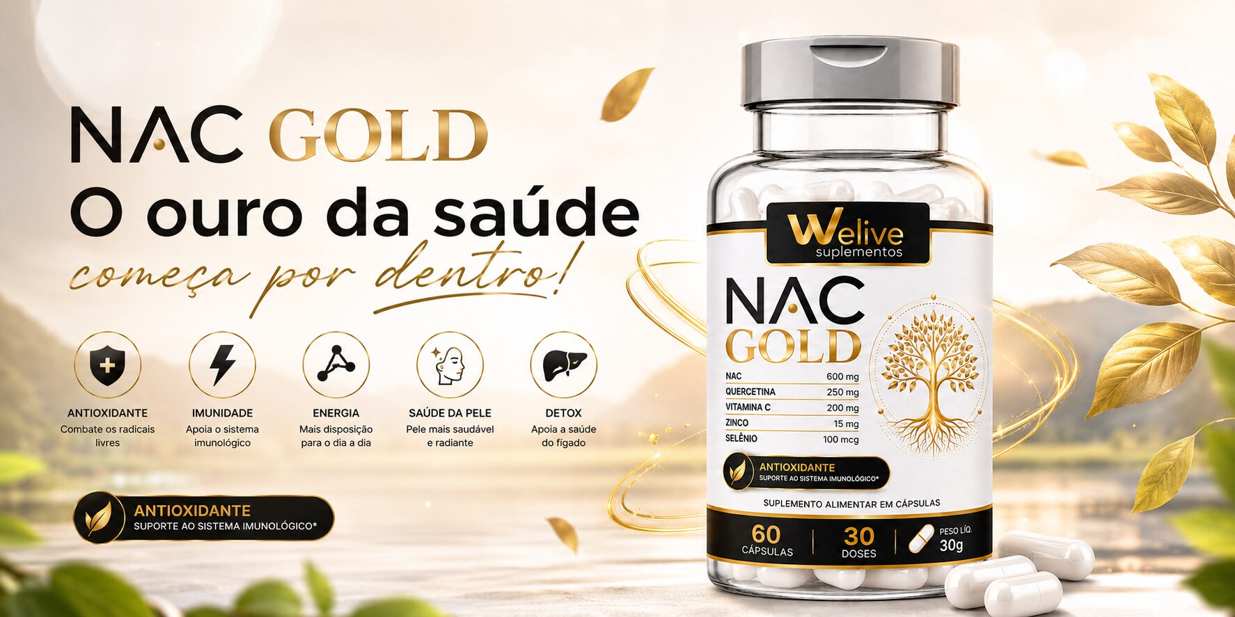 NAC Gold We Live suplemento alimentar com N-acetilcisteína para complementar uma rotina de bem-estar e suporte antioxidante.