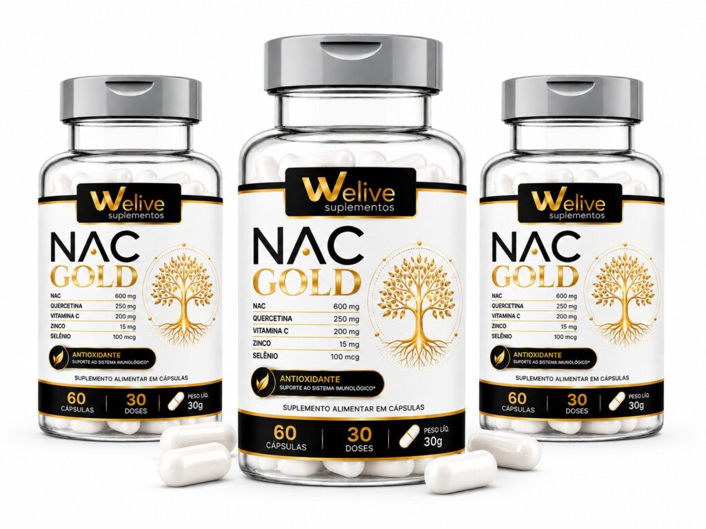 NAC Gold We Live suplemento alimentar com N-acetilcisteína para complementar uma rotina de bem-estar e suporte antioxidante.