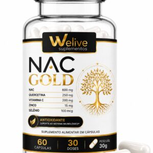 NAC Gold We Live suplemento alimentar com N-acetilcisteína para complementar uma rotina de bem-estar e suporte antioxidante.