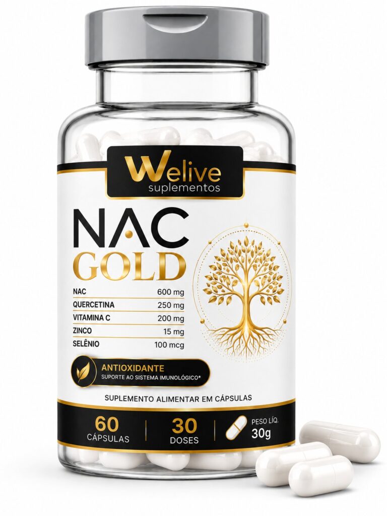 NAC Gold We Live suplemento alimentar com N-acetilcisteína para complementar uma rotina de bem-estar e suporte antioxidante.