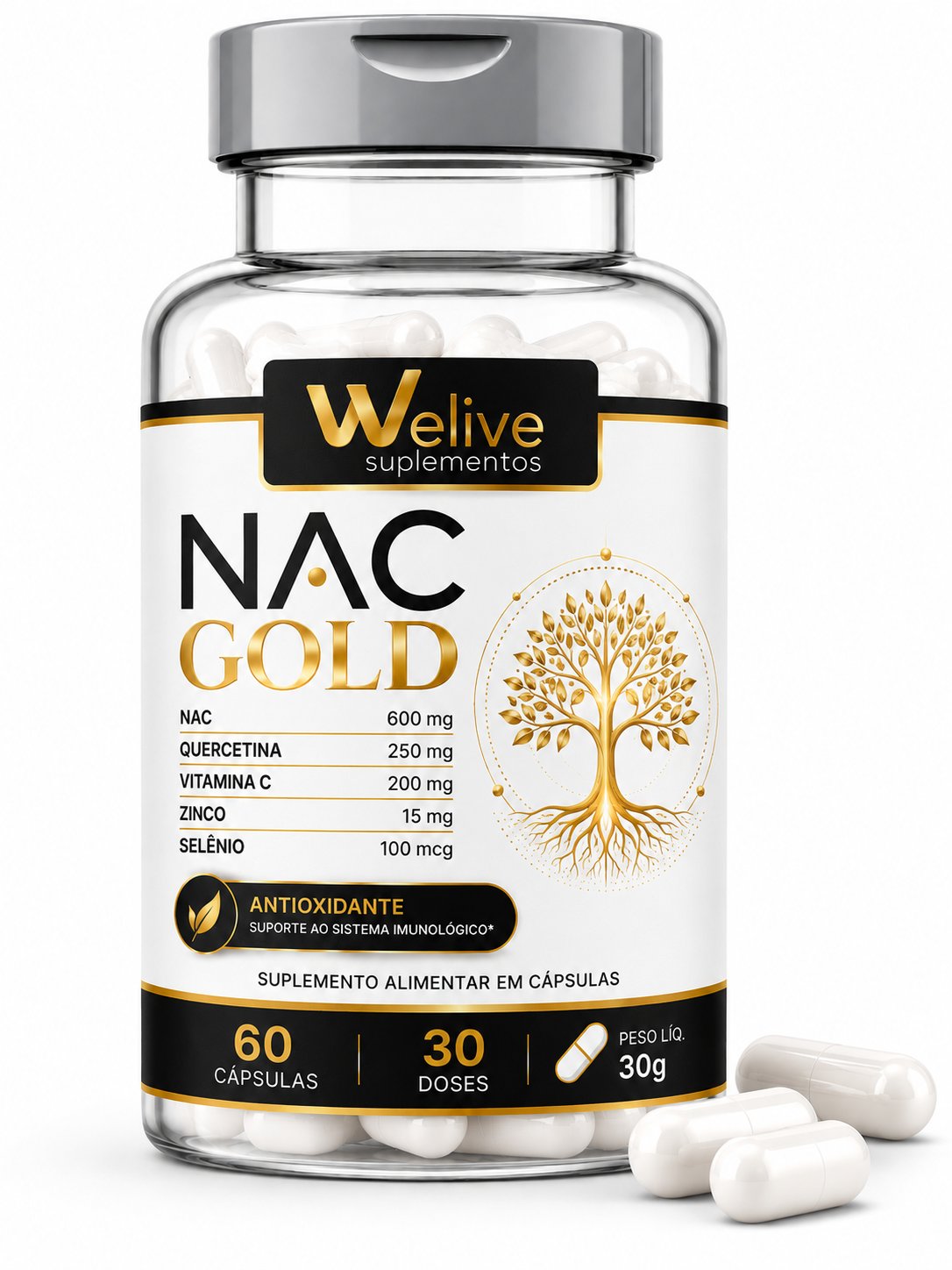 NAC Gold We Live suplemento alimentar com N-acetilcisteína para complementar uma rotina de bem-estar e suporte antioxidante.